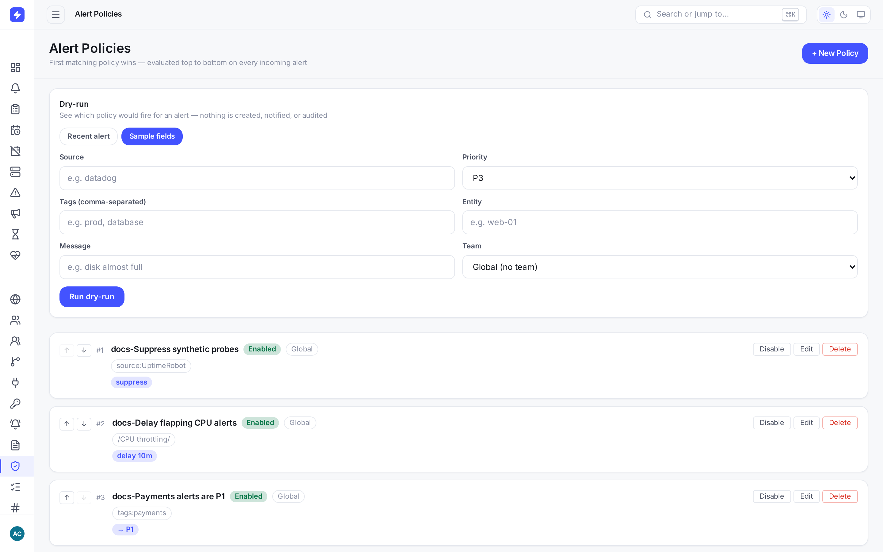OpsPing alert policies admin page with ordered policy list