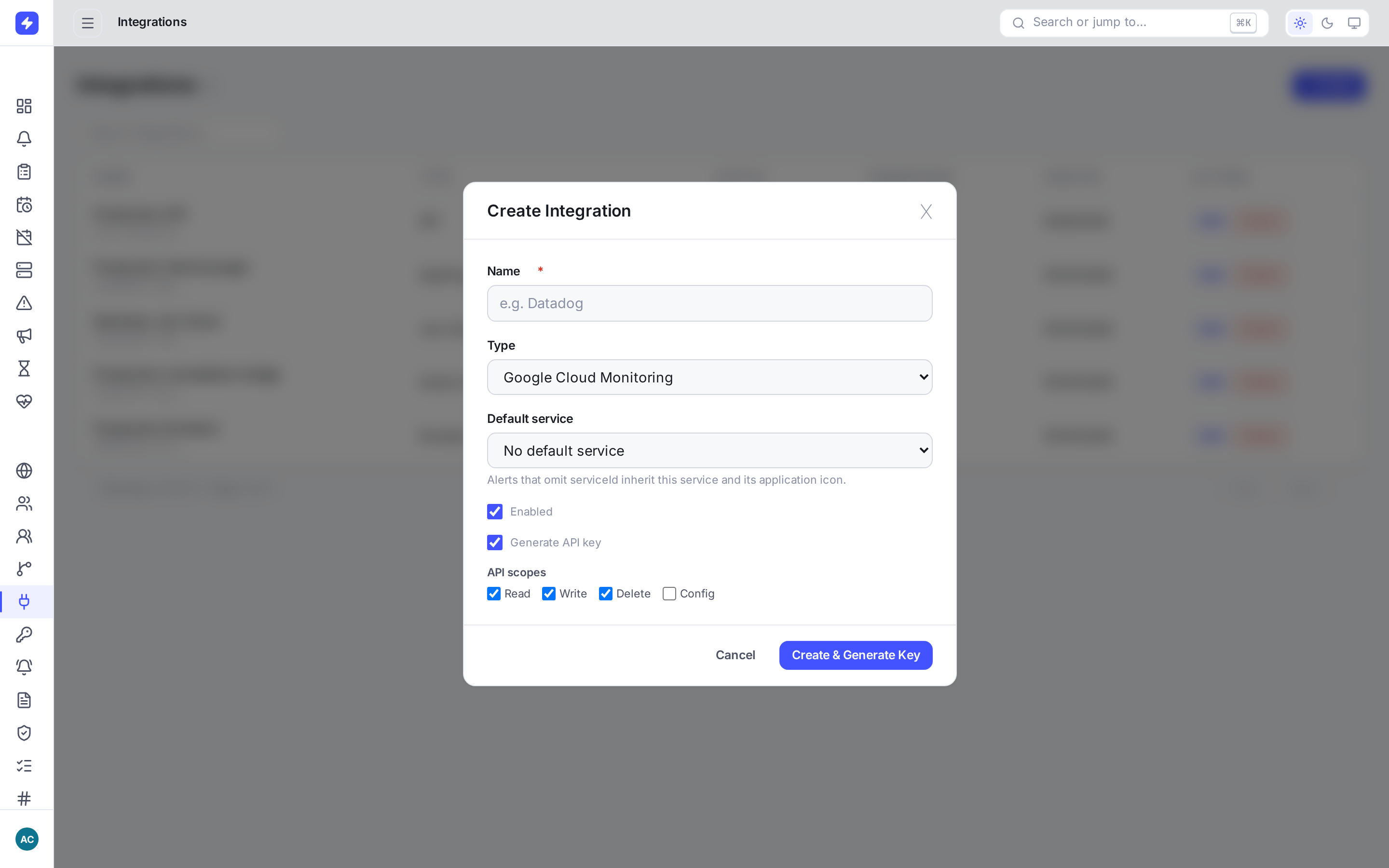 Create Integration dialog with Google Cloud Monitoring selected