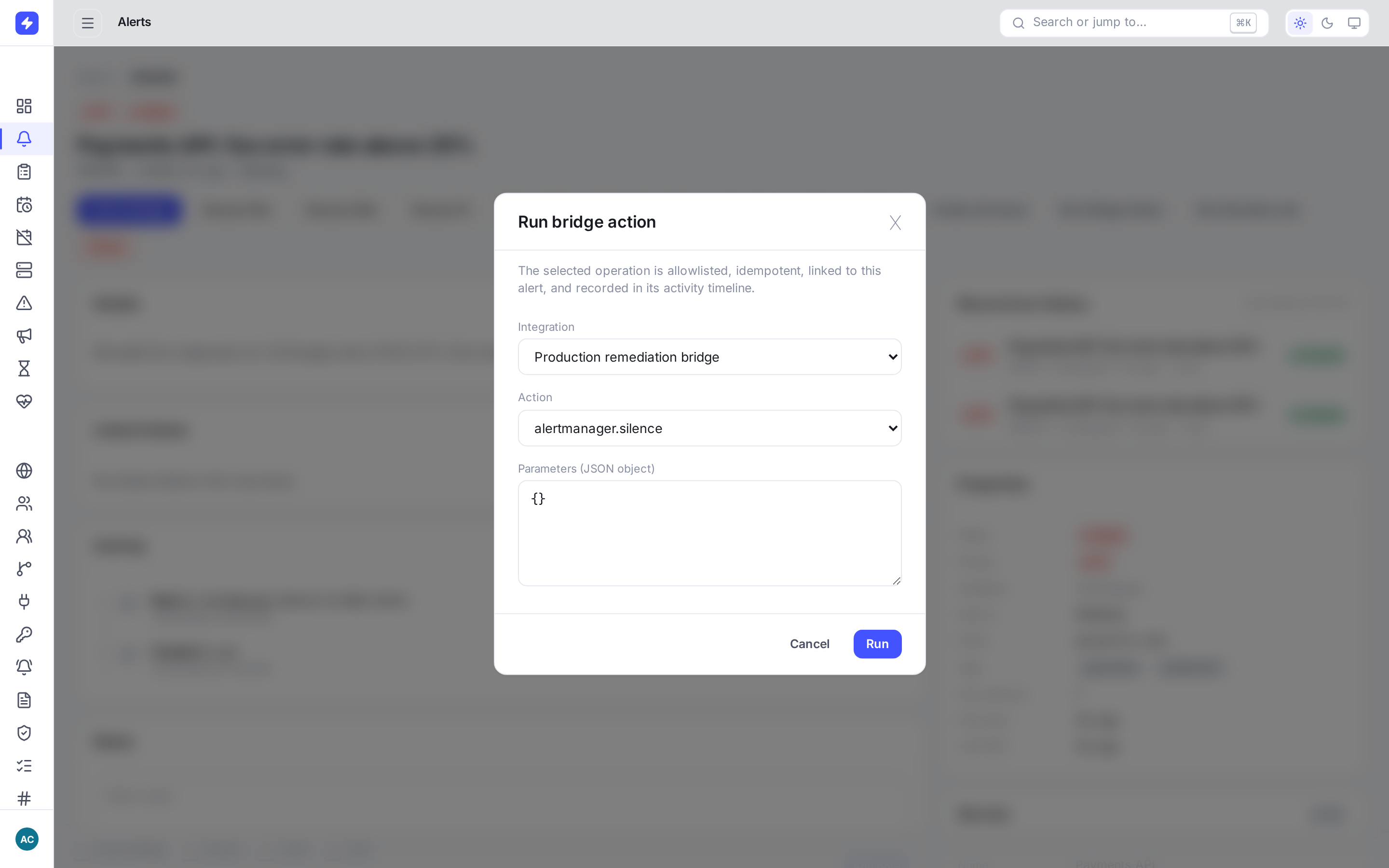 Run bridge action dialog with an allowlisted Alertmanager silence operation selected