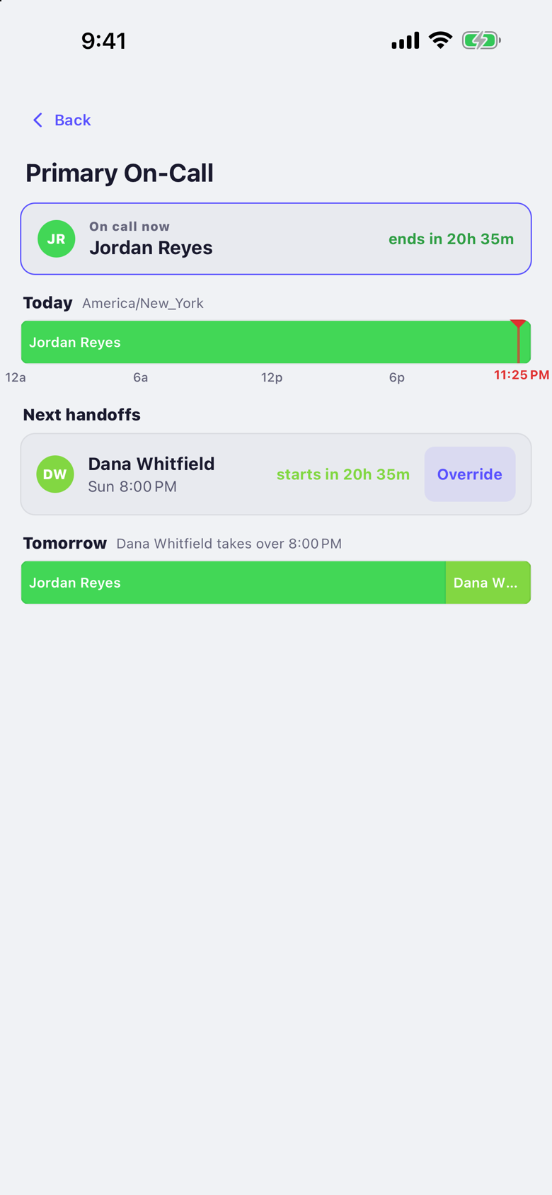 Mobile schedule detail with a live shift card and day-grouped shift agenda