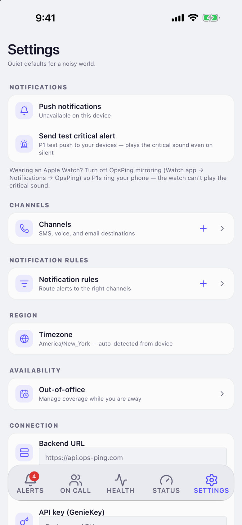 Mobile settings screen with backend URL, API key fields and test connection button