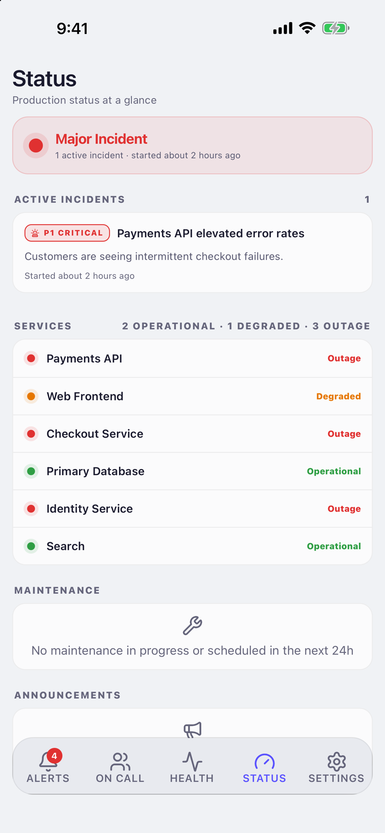 Mobile Status tab showing a Major Incident banner with two active incidents, a list of services marked Operational, and Maintenance and Announcements sections